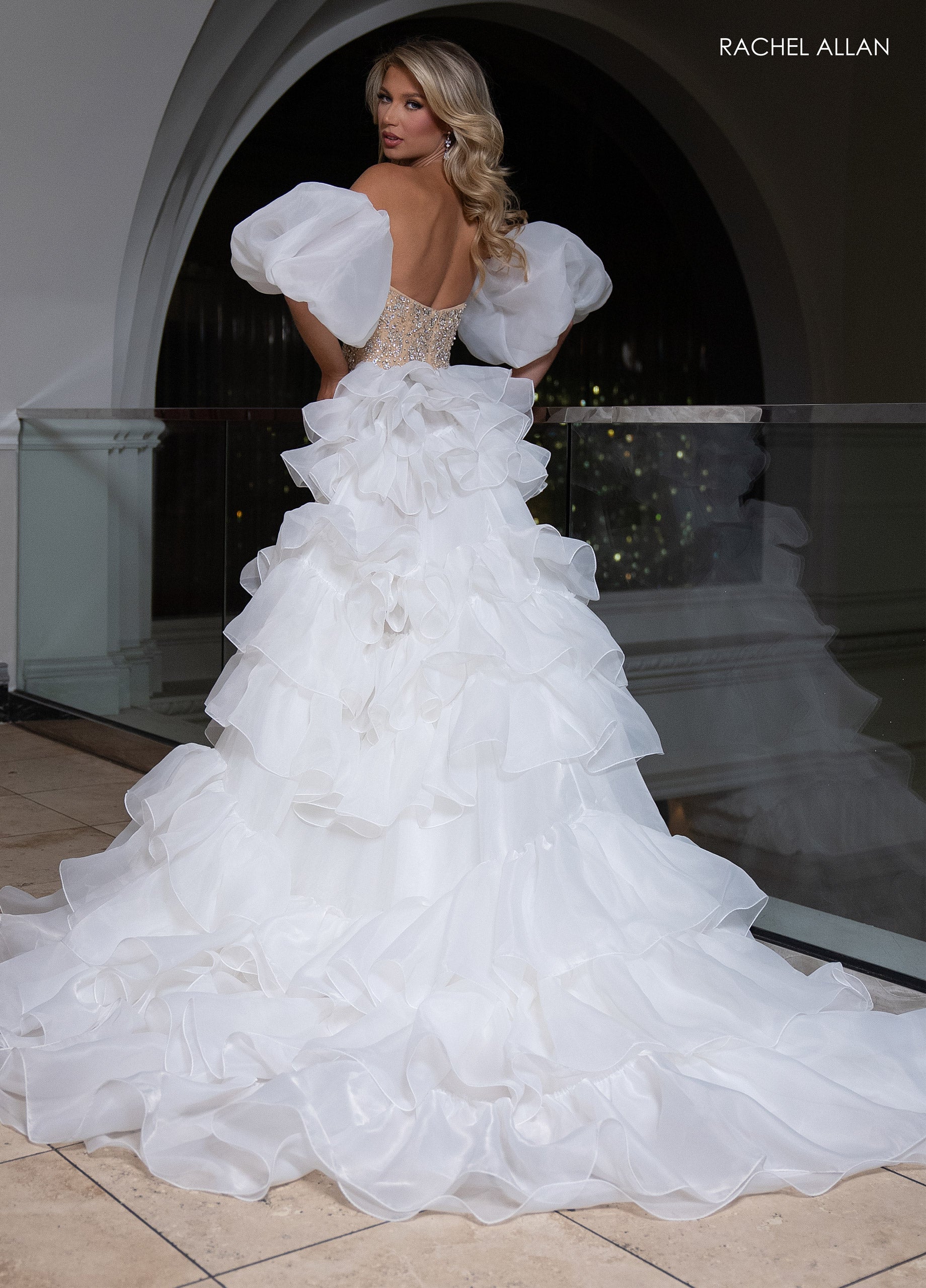 Rachel Allan 50334 Beaded Puff Sleeve Overskirt Gown