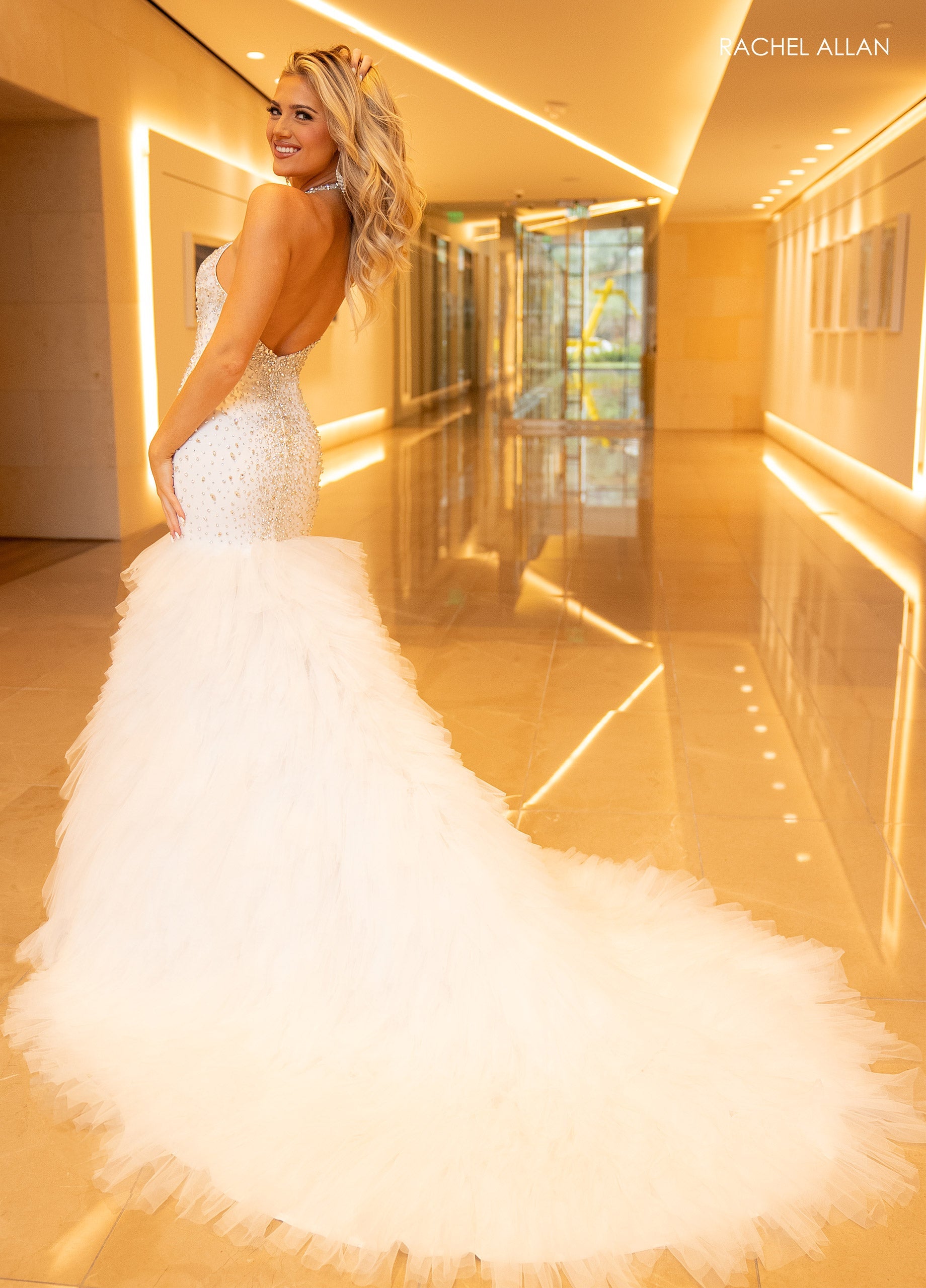 Rachel Allan 50339 Fitted Halter Ruffled Slit Gown
