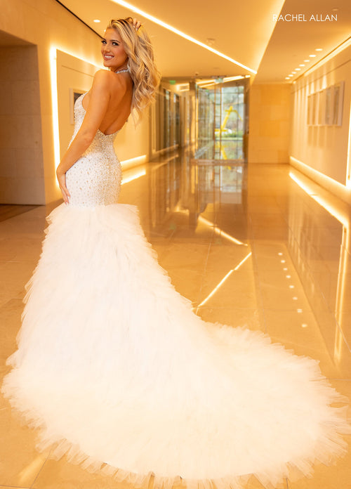 Rachel Allan 50339 Fitted Halter Ruffled Slit Gown