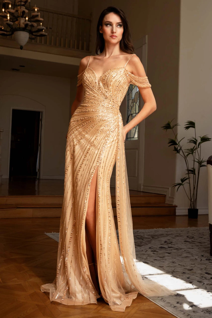 gold sequin dress with train Off-Shoulder Beaded Prom by Lenovia 8513 Mother Of The Groom Dresses 2026
