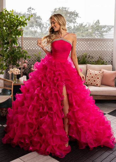 Halter Ruffled A-line Slit Gown by Rachel Allan 50365