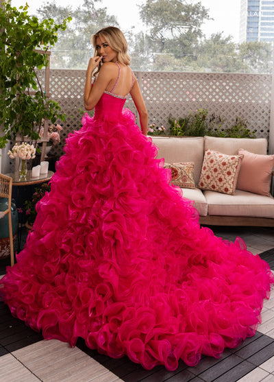 Halter Ruffled A-line Slit Gown by Rachel Allan 50365