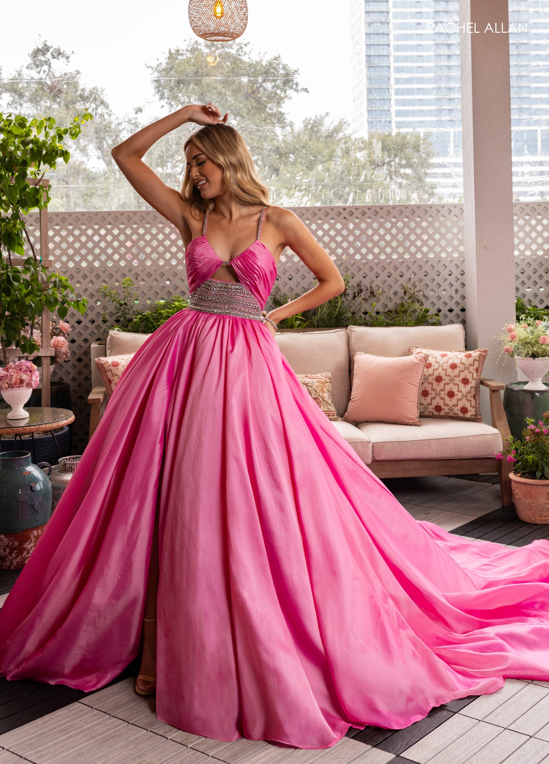 Tafetta Cutout A-line Slit Gown by Rachel Allan 50376
