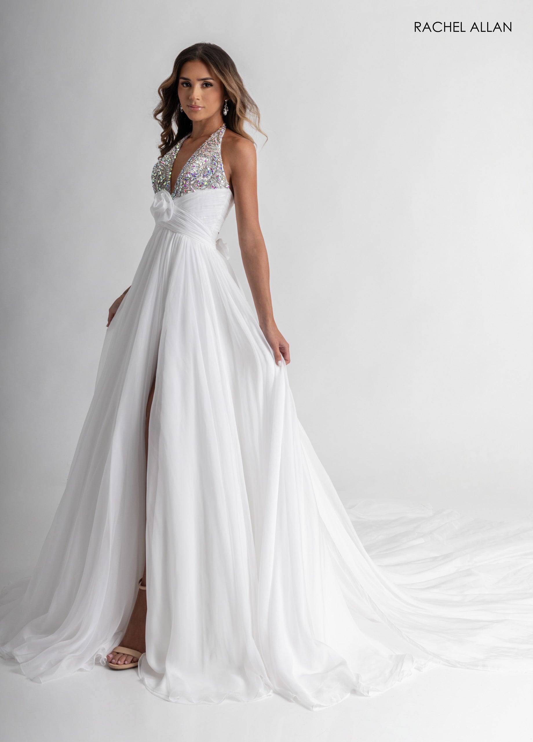 Chiffon Halter A-line Slit Gown by Rachel Allan 50392
