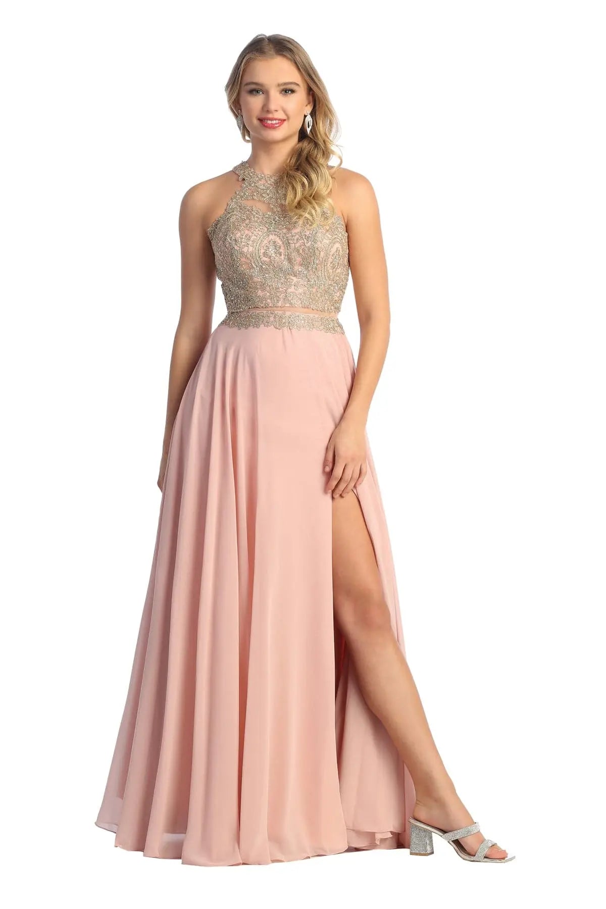 Cindy Collection 50386 Sequin Lace Halter Two-Piece Dress with Embroidered Detailing