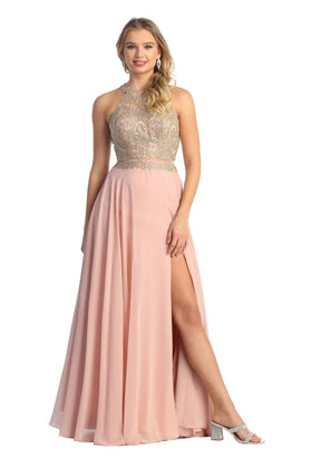 Cindy Collection 50386 Sequin Lace Halter Two-Piece Dress with Embroidered Detailing