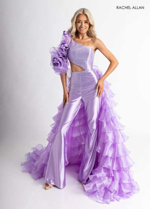One-Shoulder Jumpsuit with Ruffle Train Beaded Cutout Formal Outfit by Rachel Allan 50395