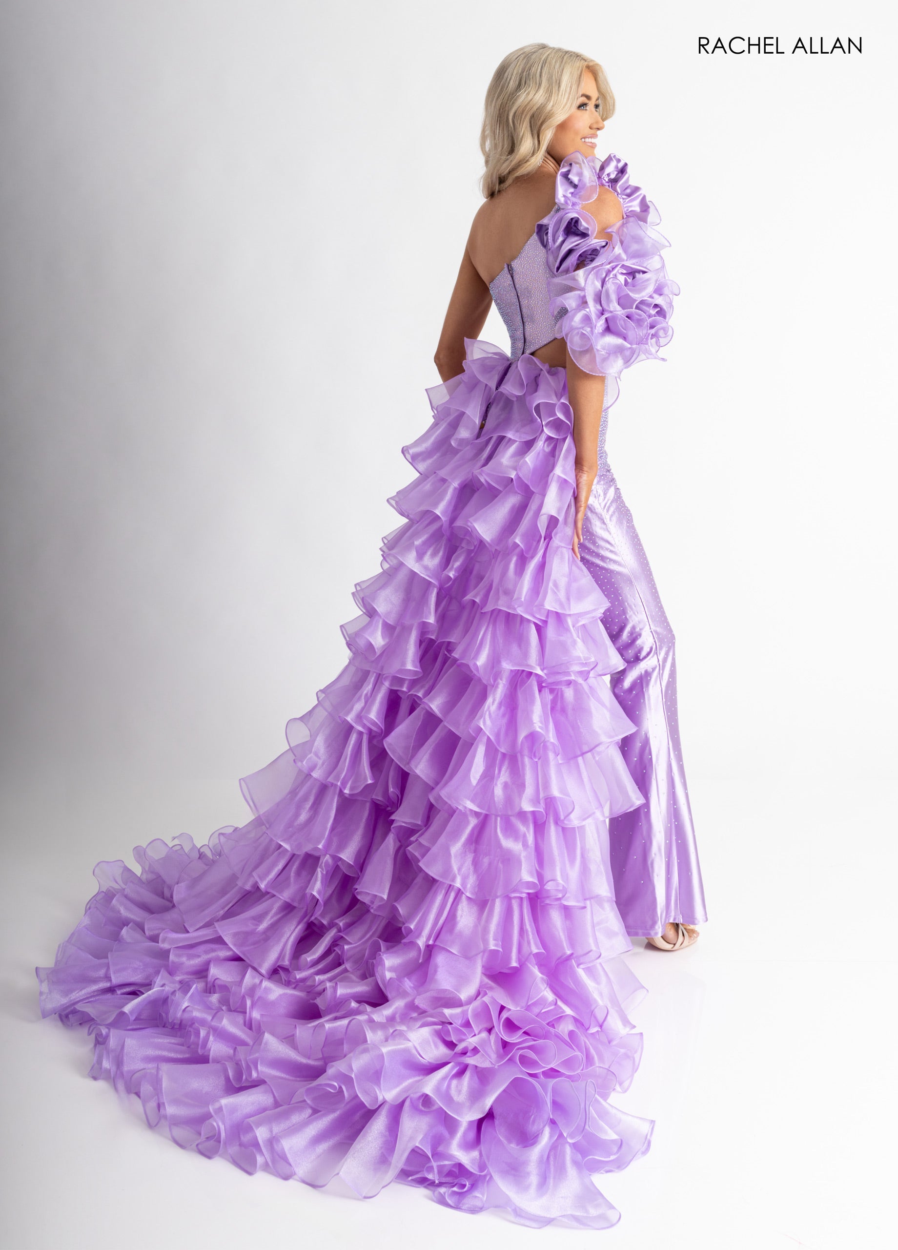 One-Shoulder Jumpsuit with Ruffle Train Beaded Cutout Formal Outfit by Rachel Allan 50395