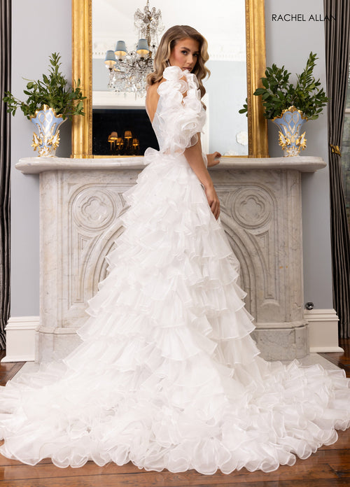 One-Shoulder Jumpsuit with Ruffle Train Beaded Cutout Formal Outfit by Rachel Allan 50395