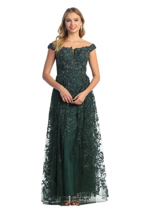 Cindy Collection 50420 Off Shoulder Embroidered Lace Dress with Elegant Detailing