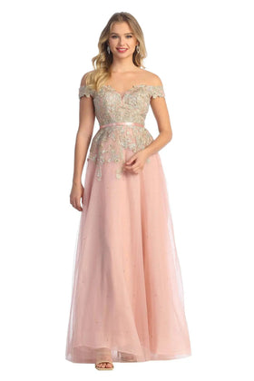 Cindy Collection 50433 Off Shoulder Lace and Sequin Embroidered Dress