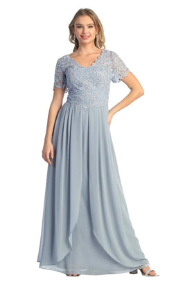 Cindy Collection 50437 Short Sleeve Lace Overlay Chiffon Dress