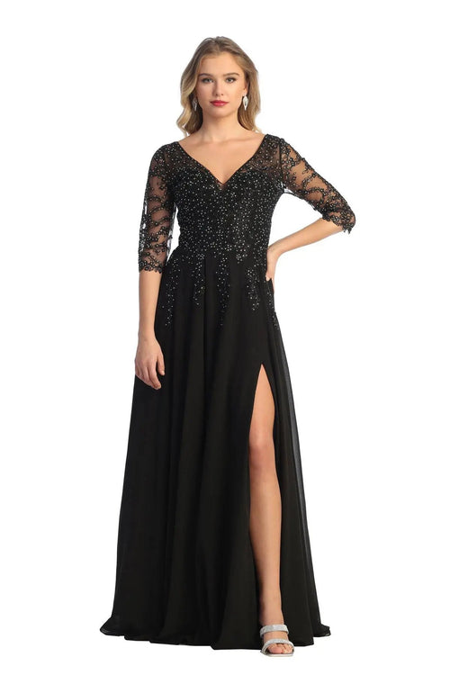 Cindy Collection 50441 Lace Sleeve Slit Detail A-Line Dress
