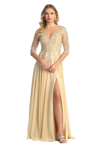 Cindy Collection 50441 Lace Sleeve Slit Detail A-Line Dress