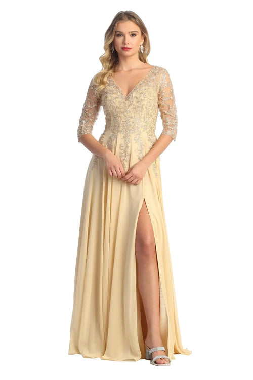 Cindy Collection 50441 Lace Sleeve Slit Detail A-Line Dress