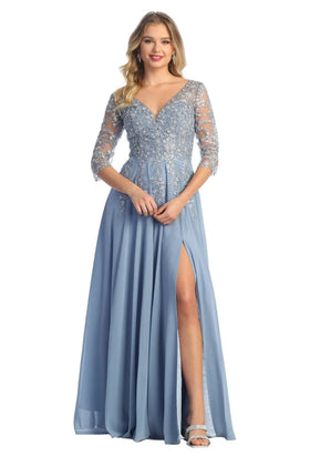 Cindy Collection 50441 Lace Sleeve Slit Detail A-Line Dress