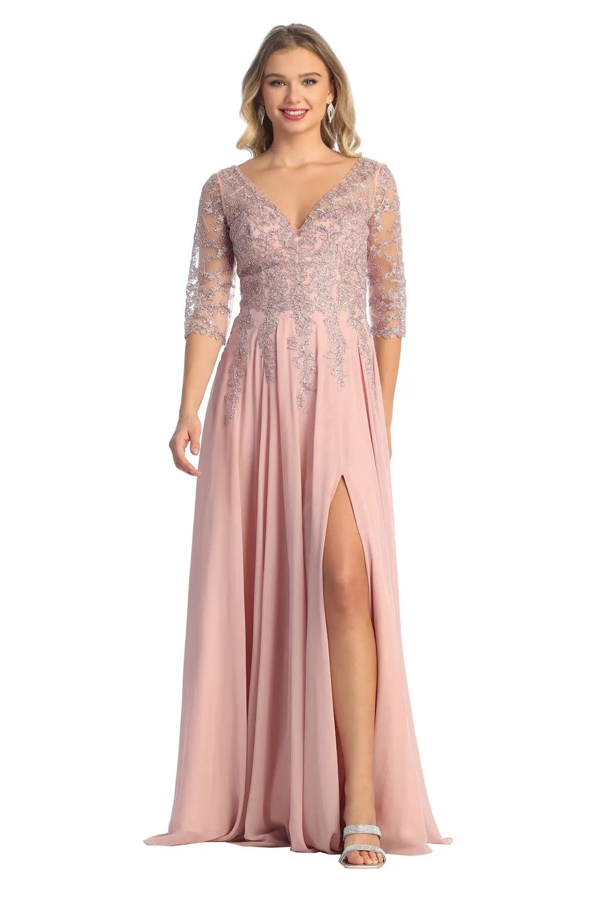 Cindy Collection 50441 Lace Sleeve Slit Detail A-Line Dress