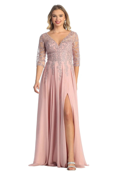 Cindy Collection 50441 Lace Sleeve Slit Detail A-Line Dress