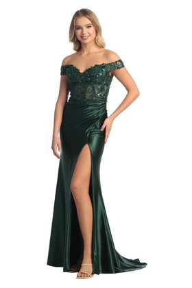 Cindy Collection 50444 Off Shoulder Lace and Satin Corset Dress with Sequin Detail