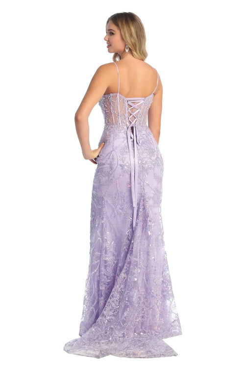 Cindy Collection 50451 Slit Leg Lace Corset Design with Sheer Detailing Dress