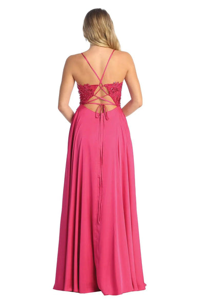 Cindy Collection 50452 Sequin Slit A-Line Satin Dress