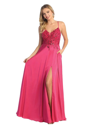 Cindy Collection 50452 Sequin Slit A-Line Satin Dress