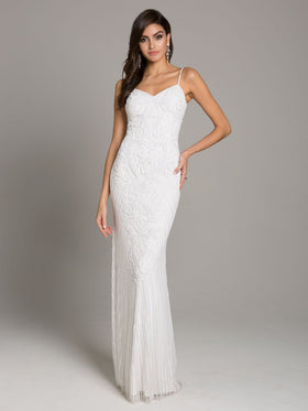 Lara 51005 Ivory V-Neck Beaded Spaghetti Strap Bridal Mermaid Gown