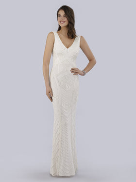 Lara 51017 White V-Neck Beaded Tank Strap Bridal Sheath Gown