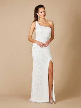 Lara 51081 Ivory One Shoulder Floral Beaded Bridal Gown