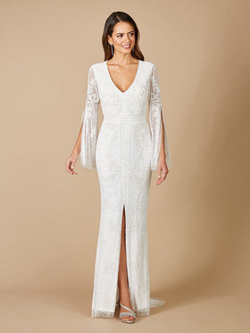Lara 51085 Ivory Split Sleeve Beaded Bridal Gown with Slit