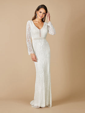 Lara Flora Beaded Long Sleeve Wedding Gown