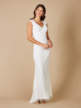 Lara 51091 Ivory Cap Sleeve V-Neck Beaded Bridal Gown