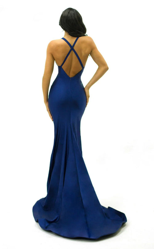 Jessica Angel JA510 V-Neck Spaghetti Strap Fitted Court Train Jersey Dress