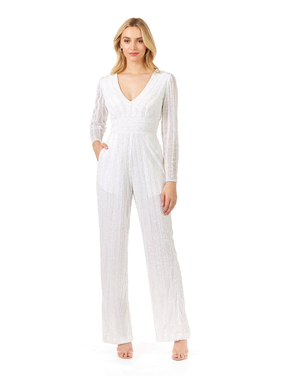 Lara 51108 Ivory Long Sleeve V-neck Beaded Jump Suit