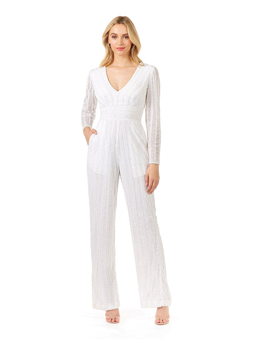 Lara 51108 Ivory Long Sleeve V-neck Beaded Jump Suit