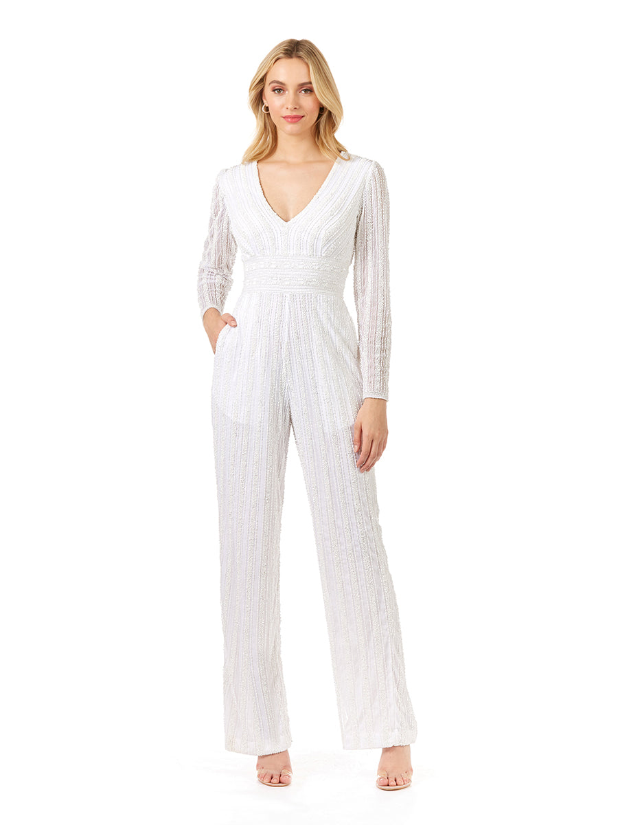 Lara 51108 Ivory Long Sleeve V-neck Beaded Jump Suit