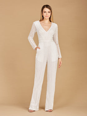 Lara 51108 Ivory Long Sleeve V-neck Beaded Jump Suit