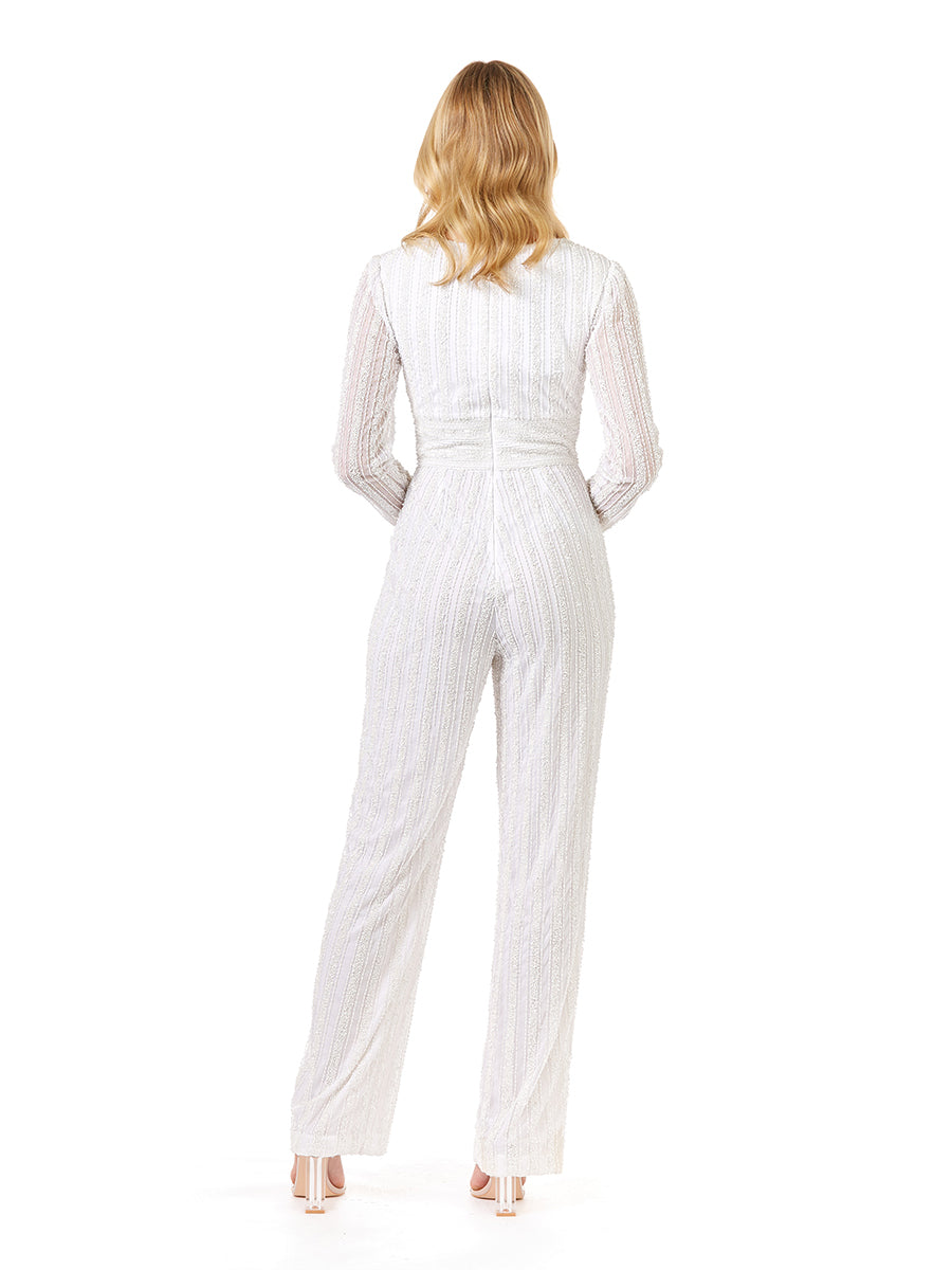 Lara 51108 Ivory Long Sleeve V-neck Beaded Jump Suit