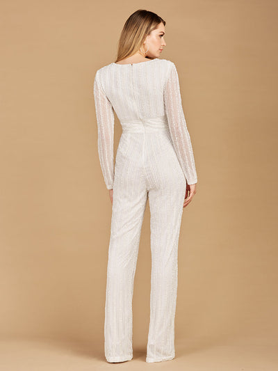 Lara 51108 Ivory Long Sleeve V-neck Beaded Jump Suit