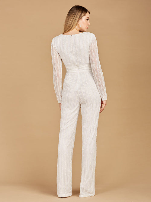 Lara 51108 Ivory Long Sleeve V-neck Beaded Jump Suit