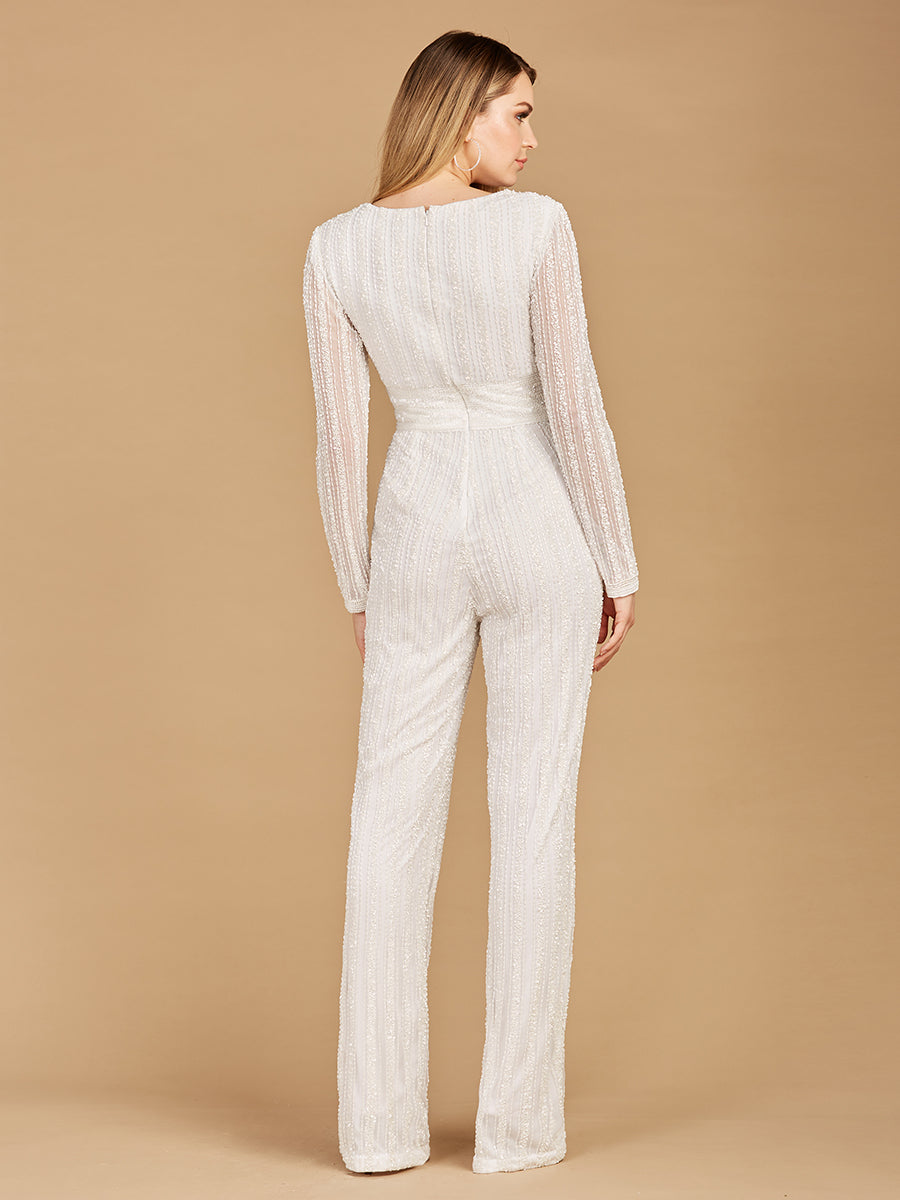 Lara 51108 Ivory Long Sleeve V-neck Beaded Jump Suit