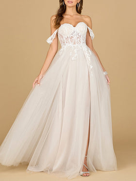 Lara 51114 Ivory Off Shoulder Sweetheart Corset Bridal A-Line Gown with Slit