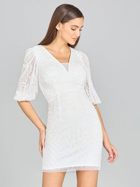 Lara 51118 Ivory V-Neck Beaded Bridal Mini Dress with Balloon Sleeves