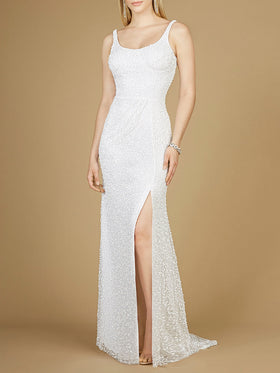 Lara 51123 Ivory Scoop Neck Beaded Bridal Gown with High Slit