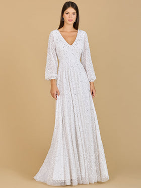 Lara 51124 Ivory Long Sleeve V-Neck Beaded A-Line Bridal Gown