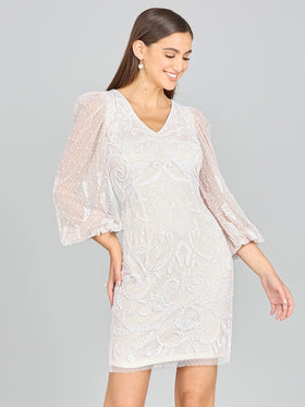 Lara 51130 Ivory/Nude V-Neck Beaded Balloon Sleeve Bridal Mini Dress