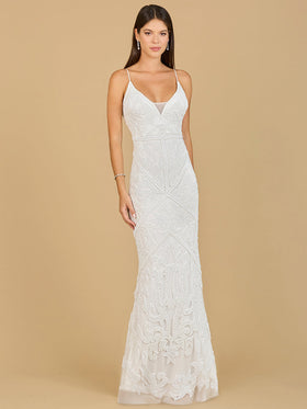 Lara 51140 Ivory V-Neck Beaded Spaghetti Strap Bridal Gown with Mesh Inset