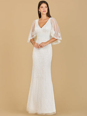 Lara 51142 Ivory V-Neck Cape Sleeve Beaded Bridal Gown