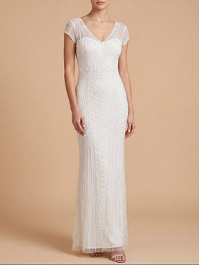 Lara 51225 Ivory Cap Sleeve V-Neck Beaded Bridal Sheath Gown