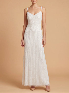 Lara 51226 Ivory Beaded Spaghetti Strap Bridal Sheath Gown